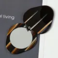 Portable small swivel cover round makeup mirror, acetate sheet material with elegant stripe design. - Mirror Diameter 5cm / 8# Dark Coffee