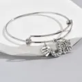 Adjustable silver wire bangle with letter J rhinestone charm heart and butterfly pendant - Style J