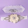 Elegant white lace wedding garter set with sparkling rhinestones and fabric flower. - One Size / Birthday Party Leg Garter(GS-J043S) / White