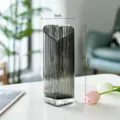 Grey glass vase with heart shape and vertical stripes, modern decor for flowers 9x22cm - S / Smoke