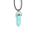 Blue turquoise hexagonal crystal pillar pendant necklace with black leather cord. - Turquoise