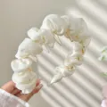 White ruched mesh headband with teeth, anti-slip hair hoop for women daily elegant hair styling. - Off White