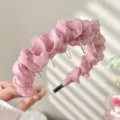 Pink pleated mesh headband with teeth for women, stylish hair hoop for elegant daily wear. - Pink