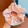 Children's large hair scrunchie with pink stripes, cute red hearts, and white lace trim for girls. - Lovely Pink - Heart Striped