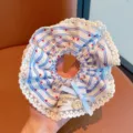 Kids blue stripe heart print hair scrunchie with white lace trim and cute bow variant. - Elegant Blue - Heart Striped