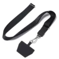 Close-up of adjustable black phone lanyard strap with metal hooks and card patch. - Black