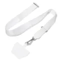 Close-up detail view of the white adjustable phone lanyard strap with durable metal hardware. - White