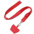Adjustable red phone lanyard strap with metal hardware and tether patch for easy daily carry. - Red