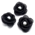 Black mesh camellia fabric flowers with pearl center DIY handmade corsage accessories 5cm - Set of 3 / Black