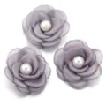 Grey mesh fabric camellia flower with pearl center, perfect for DIY craft and apparel. - Set of 3 / Gray