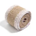 Natural burlap ribbon roll with white lace trim for DIY crafts wedding decor gift wrapping. - Size 9