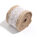 Rustic burlap ribbon roll with white lace trim for gift wrapping, crafts, and wedding decor. - Size 6