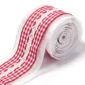 Red white checkered ribbon with lace embroidery for gift box packaging and DIY craft. - Width 4cm, 20g/Pack / Red