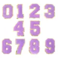 Toppe con numeri in spugna ciniglia e bordo dorato per vestiti, borse e accessori fai da te. - Numeri 0-9 / Confezione da 10 / Viola / 8cm