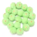 Close-up detail of light green faux rabbit fur pom pom charms with gold hanging loops. - 20 Pcs/Pack / Light Green Faux Rabbit Fur