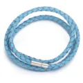 Light blue braided leather wrap bracelet detail showing the texture and metal clasp. - 4mm (Total Length Approx 59cm) / Blue
