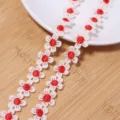 White red daisy polyester embroidered lace trim for DIY apparel sewing crafts item. - Daisy Lace Trim / 1.5cm Diameter (3 Yards Approx. 160 Pcs) / Red