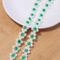 White and green daisy lace trim detail, delicate floral embroidery for DIY clothing and crafts. - Diameter 1.5cm (3 Yards Approx. 160 Pcs) / Green