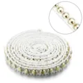 White braided trim ribbon with gold metallic beads for DIY clothing, hats, and hair accessories. - Beaded Lace White Gold