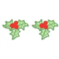 Close-up detail of Christmas holly embroidered iron-on patch, festive fabric DIY accessory. - Holly Leaves / 2 Pieces