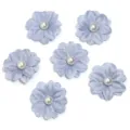 Blue fabric flower detail view, double layer satin petal with faux pearl center for DIY crafts. - 4cm / Blue