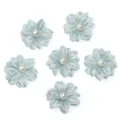 Close-up detail of light blue polyester double layer fabric flowers with faux pearl centers. - 4cm / Green