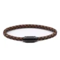 Bracciale in vera pelle intrecciata marrone con chiusura magnetica in acciaio inossidabile nero. - Lunghezza 22cm / Diametro 6mm / Nero+Caffè Scuro (Con Chiusura Magnetica Nera)