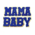 Close-up detail of blue chenille varsity letter patches with sparkling gold glitter borders. - MAMA and BABY Letter Set / 2 Pcs/Set / Blue