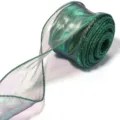 Detail view of iridescent organza ribbon for floral bouquet gift wrapping and party decor. - Camo Green
