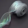 Close-up detail of iridescent wavy organza ribbon rolls, showing shimmering holographic texture. - Blue Stone Gray