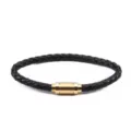 Bracciale in pelle intrecciata nera con chiusura magnetica dorata accessorio versatile - Lunghezza 22cm / Diametro 6mm / Nero (Con Chiusura Magnetica Oro)
