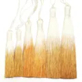 Nahaufnahme von weiß-goldenen Polyester-Quasten für DIY-Kleidung und Lesezeichen. - Länge ca. 80 mm / Gelb