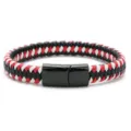 Gevlochten PU lederen armband met zwart witte rode strengen en roestvrijstalen magneetsluiting. - 19cm / Zwarte magneetsluiting + zwart-rood-wit leren koord