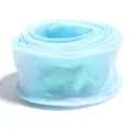 Close up of light blue iridescent organza ribbon roll, showing shiny texture and wired edge. - Sky Blue
