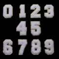 Toppe numeri ciniglia con bordo dorato 0-9 termoadesive ricamate per vestiti borse fai da te - Numeri 0-9 / Confezione da 10 / Bianco / 8cm