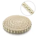 Beige woven trim with shiny gold dome studs, perfect for DIY apparel and crafts. - Beaded Lace Light Coffee Gold