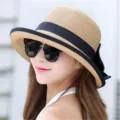 Sombrero de Paja Mujer Verano Ala Ancha Sombrero de Playa Casual con Lazo Negro Proteccion UV - Talla única / Caqui