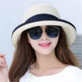 Mujer verano sombrero de paja sol ala ancha playa casual cubo sombrero con cinta - Talla única / Beige