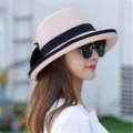 Sombrero de paja de mujer verano sombrero de sol ala ancha lazo cinta playa casual - Talla única / Rosa