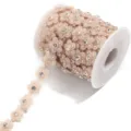 Detail view of pearl rhinestone flower trim ribbon, decorative DIY accessory for apparel crafts. - Width 14mm / Tan