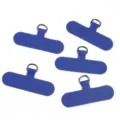 Detailed view of 5 blue oxford cloth phone tether tabs with metal D-rings for phone lanyards. - Sapphire Blue