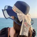 Navy Blue Straw Hat Women Wide Brim Beach Sun Hat with Floral Lace Bow Summer Vacation - Navy Blue