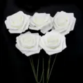 Detail view of 5 white PE foam artificial roses with green stems for DIY home decoration. - 5 Pieces/Pack (Approx 7.5cm Size 20cm Length) / Cream