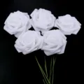 PE foam artificial rose bouquet with green stems detail shot for home party decor DIY crafts - 5 Pieces/Pack (Approx 7.5cm Size 20cm Length) / White