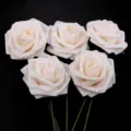 Detailed close-up view of elegant white PE foam artificial roses with green stems for DIY decor. - 5 Pieces/Pack (Approx 7.5cm Size 20cm Length) / Champagne