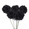 Close-up detail of black artificial foam roses with green stems, perfect for DIY crafts. - 5 Pieces/Pack (Approx 7.5cm Size 20cm Length) / Black