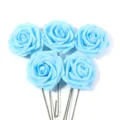 Light blue foam rose flowers with green stems for DIY crafts, party and home decor details - 5 Pieces/Pack (Approx 7.5cm Size 20cm Length) / Blue
