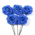 Blue PE foam artificial roses detail showing vibrant color, soft texture and attached green stems. - 5 Pieces/Pack (Approx 7.5cm Size 20cm Length) / Sapphire Blue