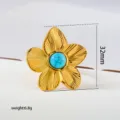 Stainless steel flower ring with turquoise gemstone, adjustable size, detailed jewelry piece. - Gold