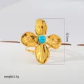 Gold stainless steel flower ring with turquoise stone, adjustable detail view showing 32.5mm. - Gold